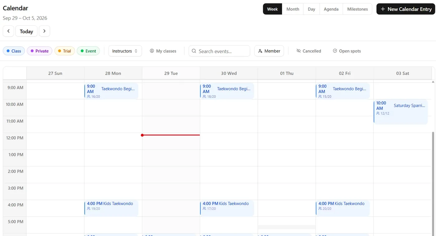 Triton weekly class calendar showing class times and how many students are booked into each
