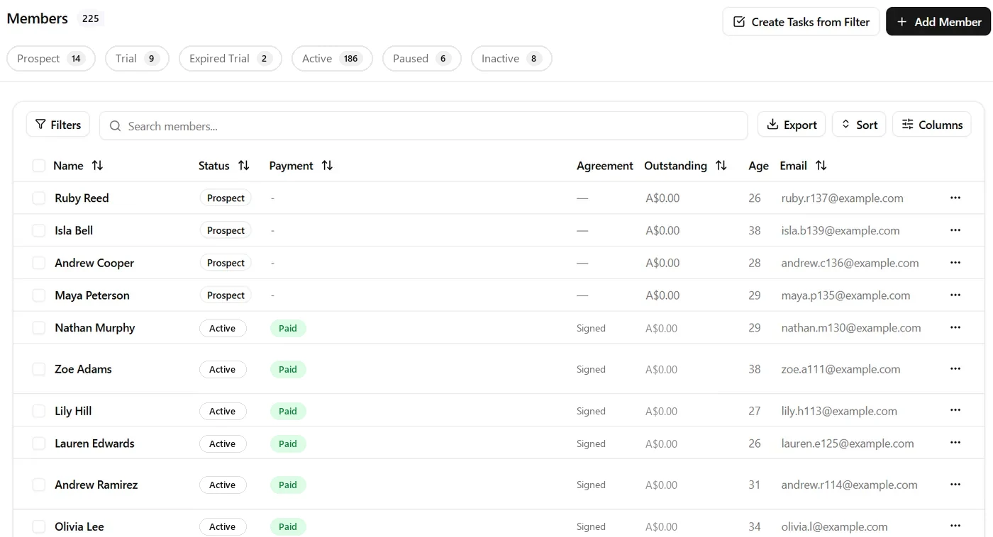 Triton members list with status filters, payment badges and outstanding balances